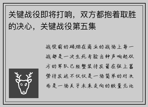 关键战役即将打响，双方都抱着取胜的决心，关键战役第五集