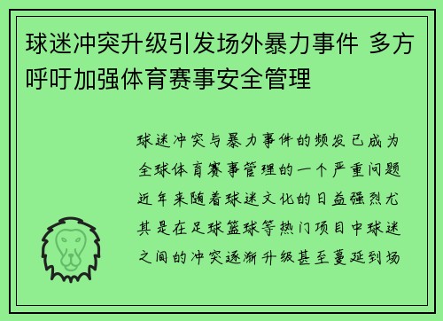 球迷冲突升级引发场外暴力事件 多方呼吁加强体育赛事安全管理