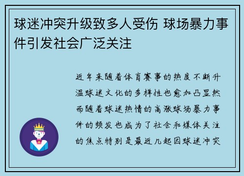 球迷冲突升级致多人受伤 球场暴力事件引发社会广泛关注