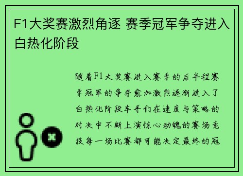 F1大奖赛激烈角逐 赛季冠军争夺进入白热化阶段
